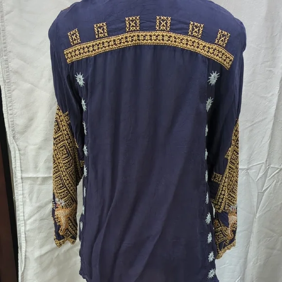 Johnny Was Embroidered Navy and Gold Open Front Jacket - Picture 7 of 13